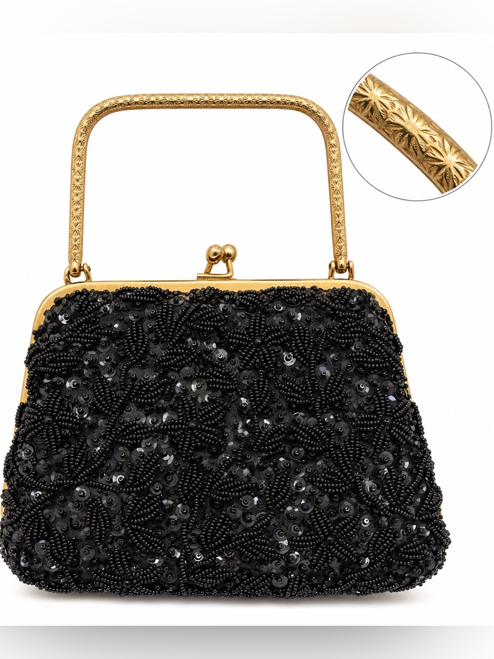 Vintage 1960s Hong Kong Black Beaded Sequin Evening Bag Gold Handle